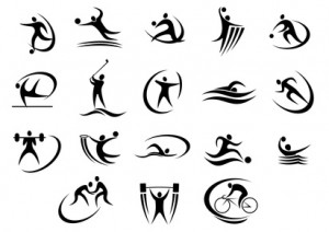 Black silhouette stylized athletes engaged in a variety of sports, vector icons on white
